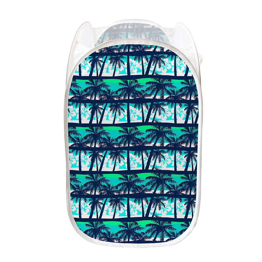 Blue Hibiscus Palm Tree Pattern Print Mesh Laundry Hamper