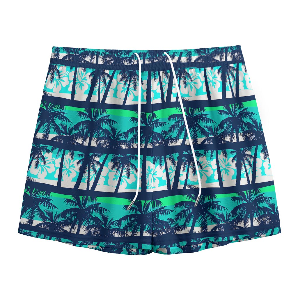 Blue Hibiscus Palm Tree Pattern Print Mesh Shorts