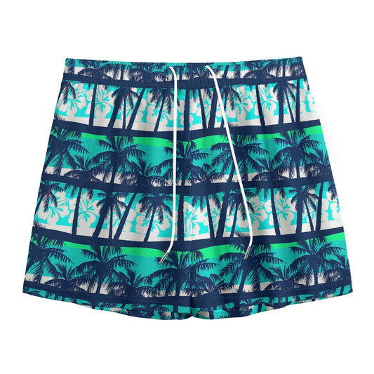 Blue Hibiscus Palm Tree Pattern Print Mesh Shorts