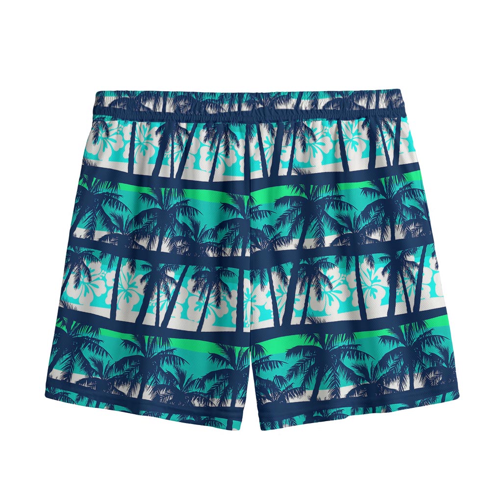 Blue Hibiscus Palm Tree Pattern Print Mesh Shorts