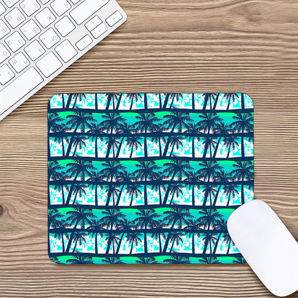 Blue Hibiscus Palm Tree Pattern Print Mouse Pad