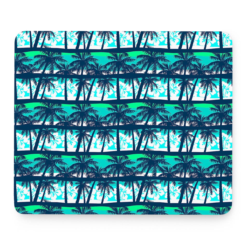 Blue Hibiscus Palm Tree Pattern Print Mouse Pad