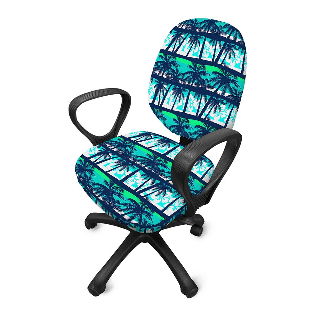 Blue Hibiscus Palm Tree Pattern Print Office Chair Cover