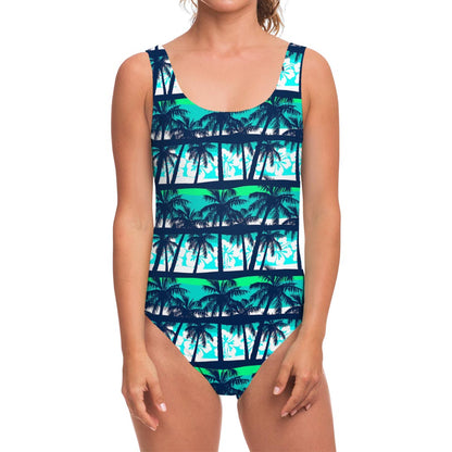 Blue Hibiscus Palm Tree Pattern Print One Piece Swimsuit