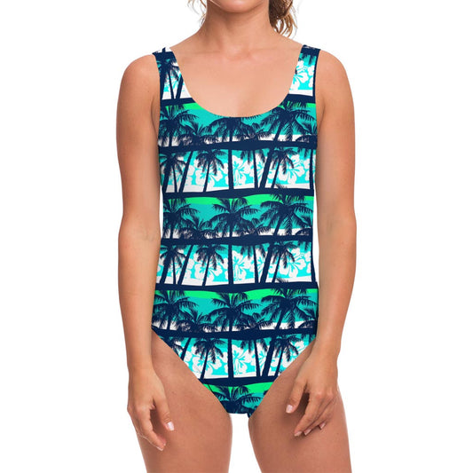 Blue Hibiscus Palm Tree Pattern Print One Piece Swimsuit