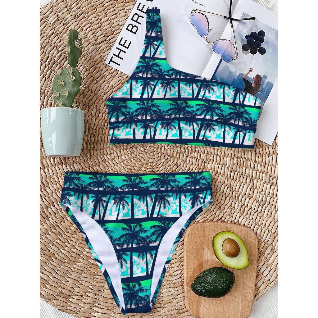 Blue Hibiscus Palm Tree Pattern Print One Shoulder Bikini Top