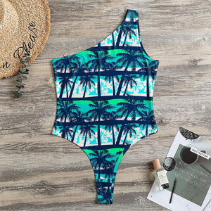 Blue Hibiscus Palm Tree Pattern Print One Shoulder Bodysuit