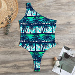 Blue Hibiscus Palm Tree Pattern Print One Shoulder Bodysuit