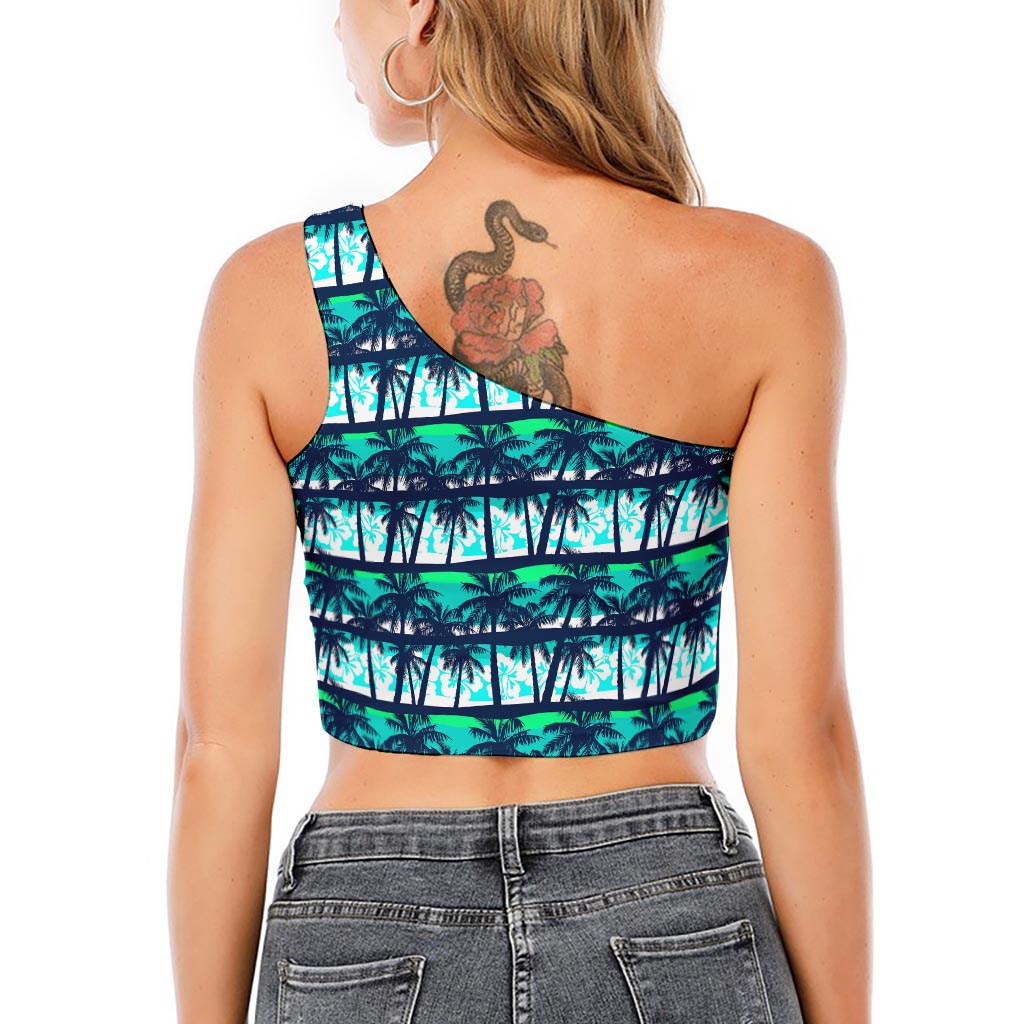 Blue Hibiscus Palm Tree Pattern Print One Shoulder Crop Top