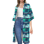 Blue Hibiscus Palm Tree Pattern Print Open Front Beach Cover Up