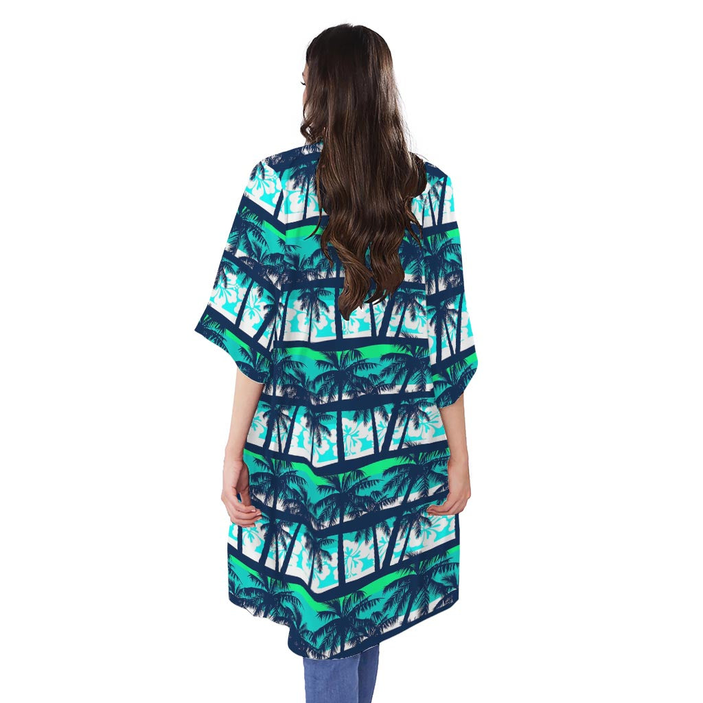 Blue Hibiscus Palm Tree Pattern Print Open Front Beach Cover Up