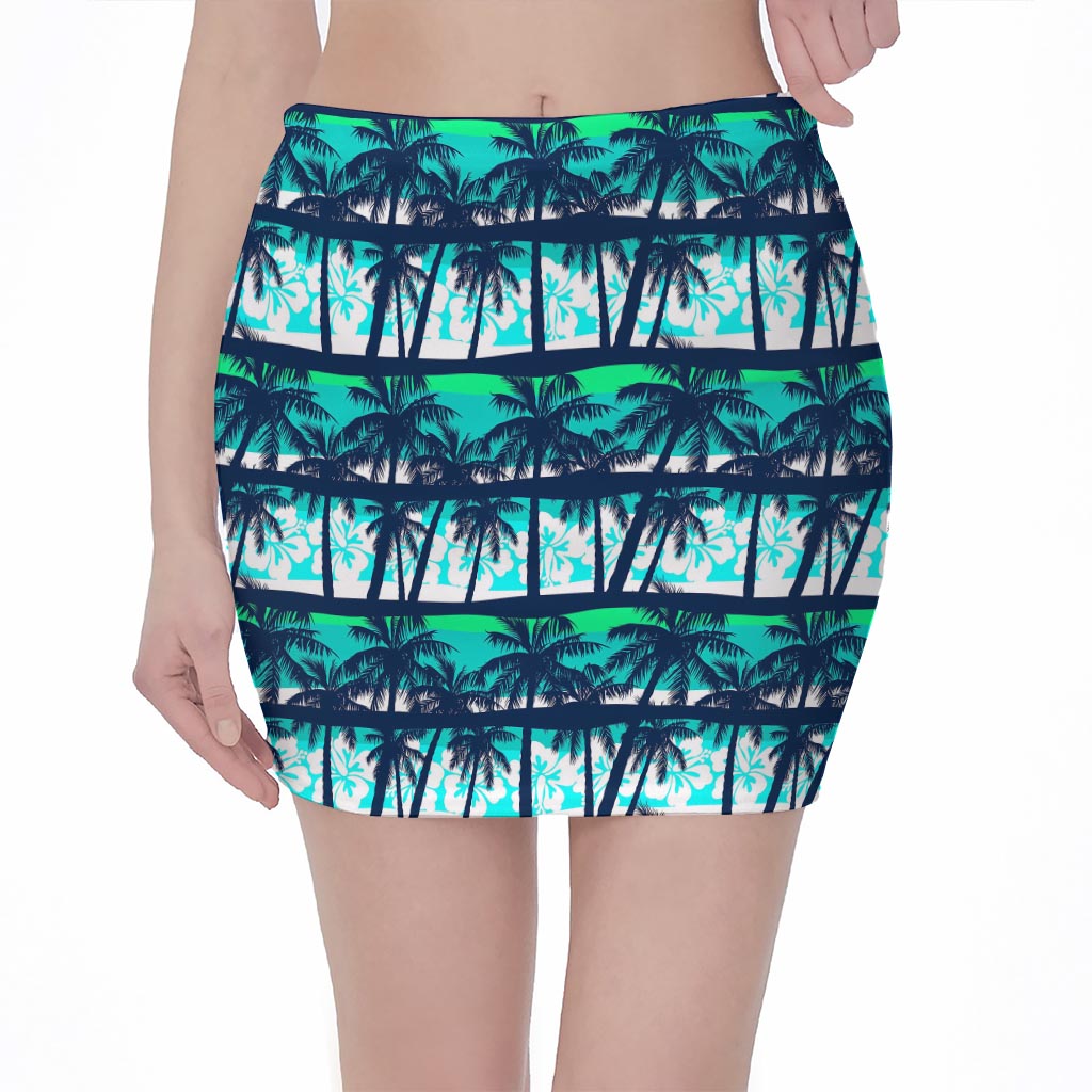 Blue Hibiscus Palm Tree Pattern Print Pencil Mini Skirt