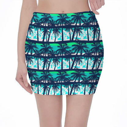 Blue Hibiscus Palm Tree Pattern Print Pencil Mini Skirt