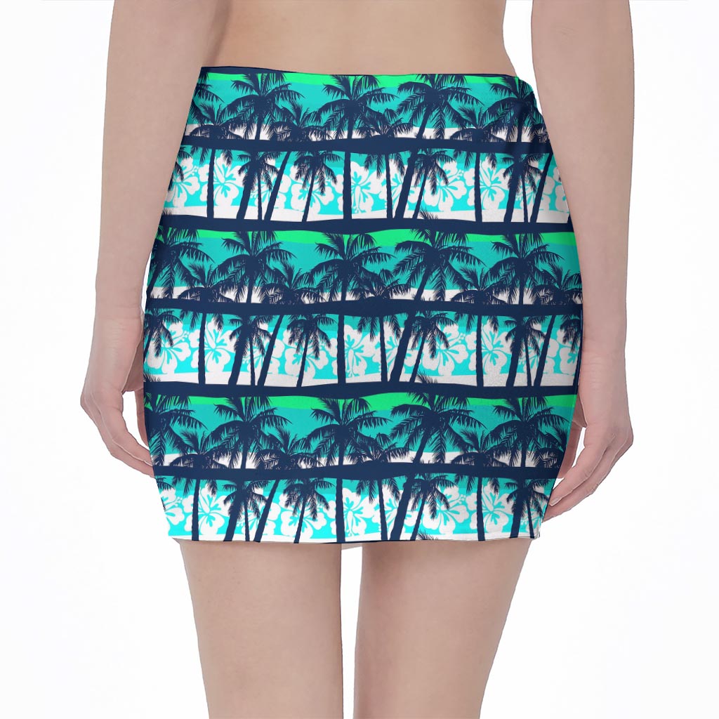 Blue Hibiscus Palm Tree Pattern Print Pencil Mini Skirt