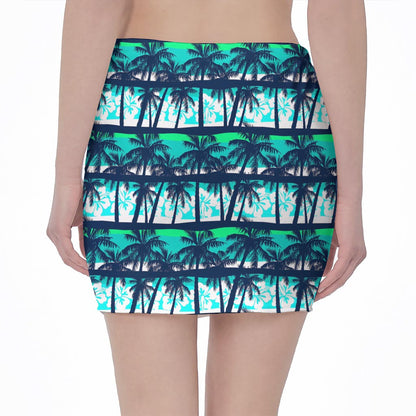 Blue Hibiscus Palm Tree Pattern Print Pencil Mini Skirt