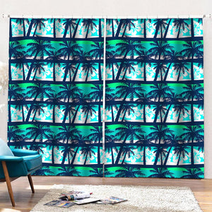 Blue Hibiscus Palm Tree Pattern Print Pencil Pleat Curtains
