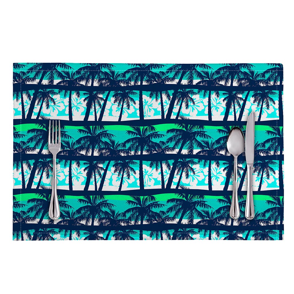 Blue Hibiscus Palm Tree Pattern Print Placemat