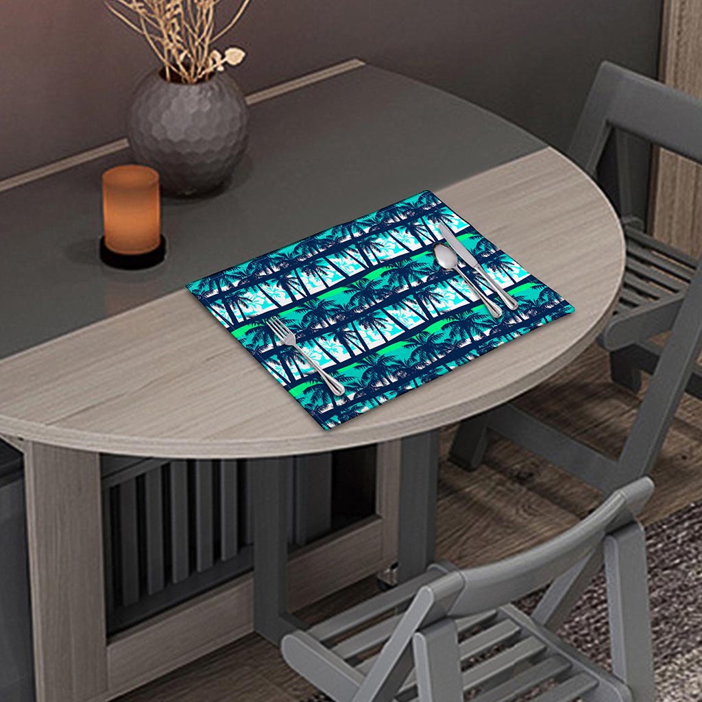 Blue Hibiscus Palm Tree Pattern Print Placemat