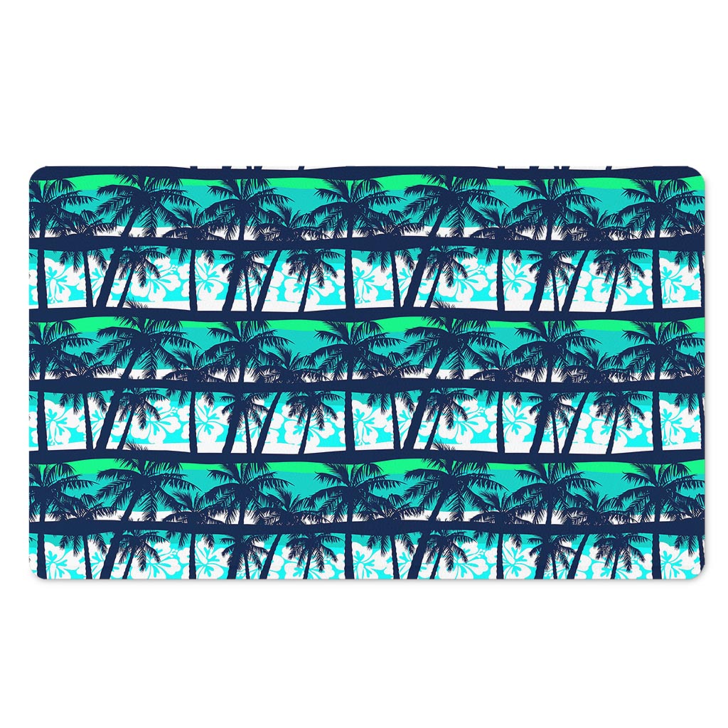 Blue Hibiscus Palm Tree Pattern Print Polyester Doormat