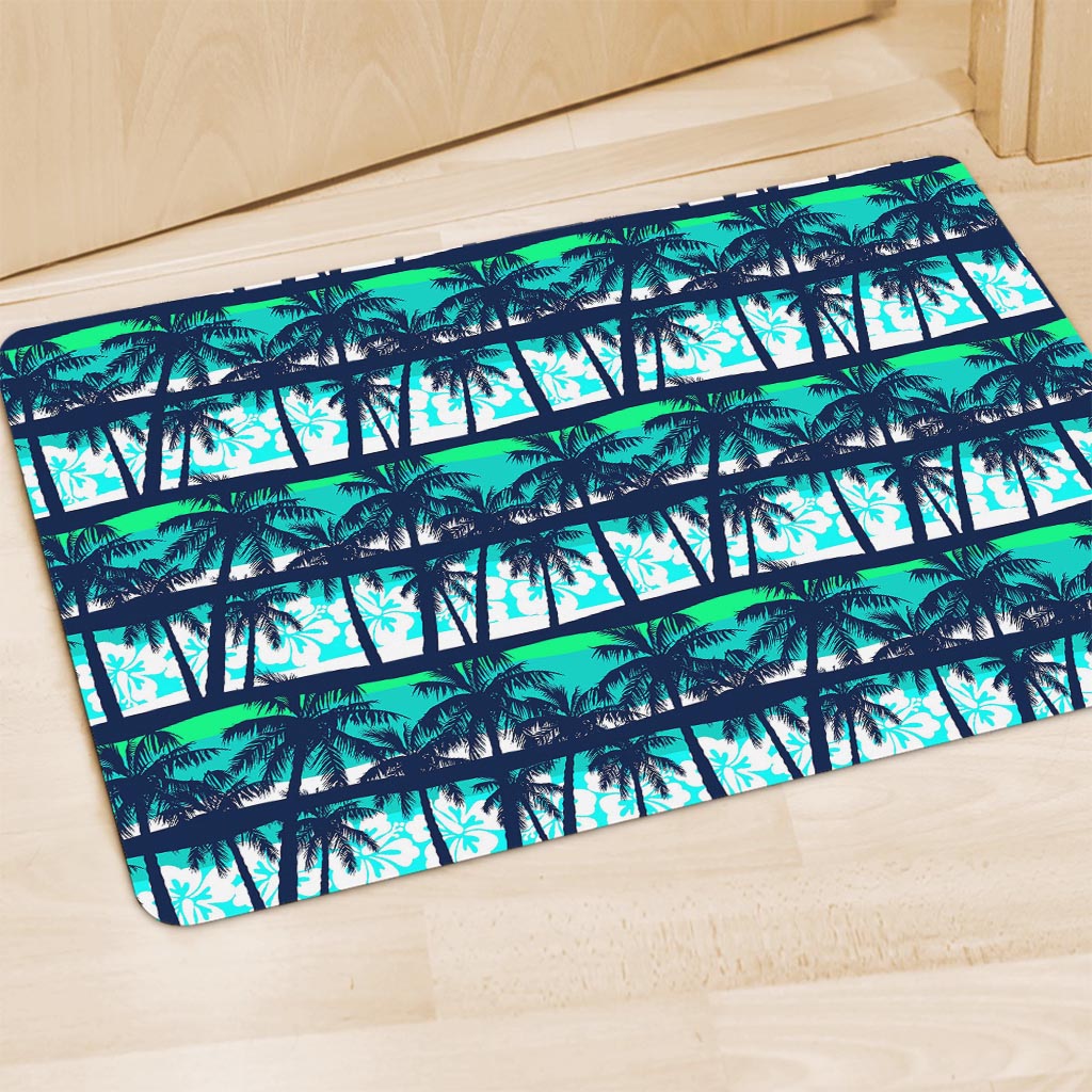 Blue Hibiscus Palm Tree Pattern Print Polyester Doormat