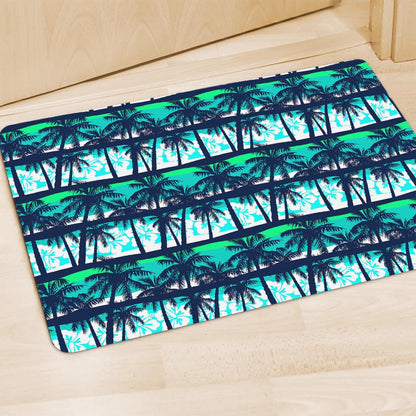 Blue Hibiscus Palm Tree Pattern Print Polyester Doormat