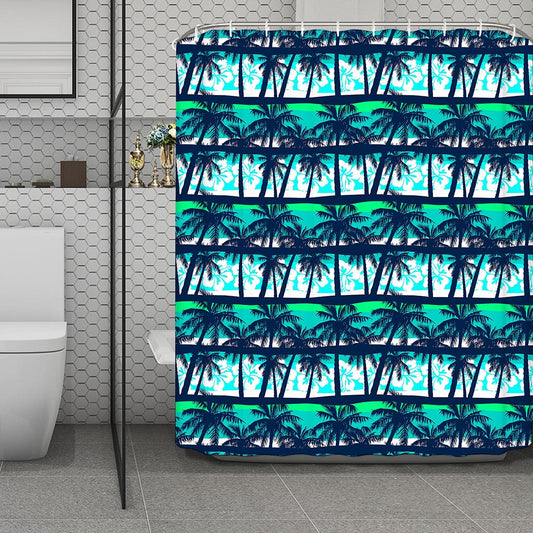 Blue Hibiscus Palm Tree Pattern Print Polyester Shower Curtain