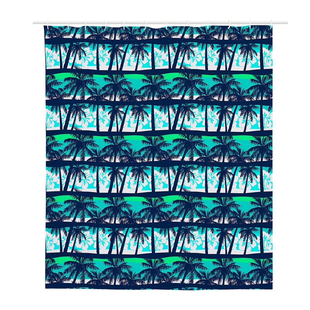 Blue Hibiscus Palm Tree Pattern Print Polyester Shower Curtain