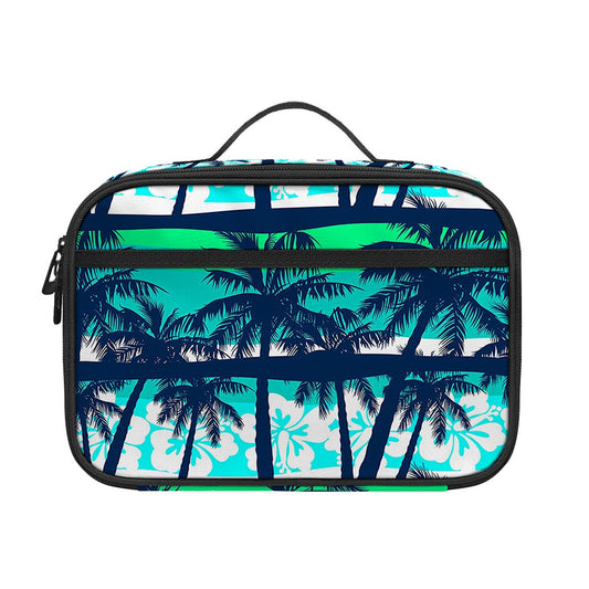 Blue Hibiscus Palm Tree Pattern Print Portable Lunch Bag