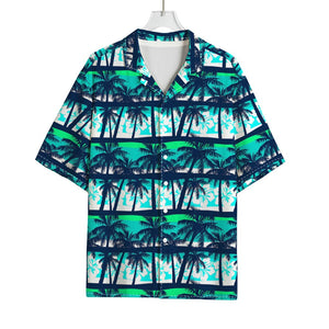 Blue Hibiscus Palm Tree Pattern Print Rayon Hawaiian Shirt