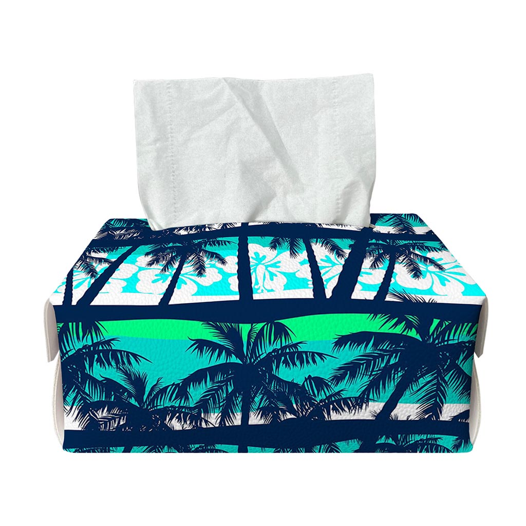 Blue Hibiscus Palm Tree Pattern Print Rectangle Tissue Box Cover