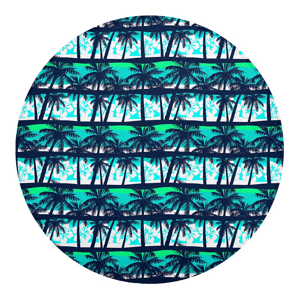 Blue Hibiscus Palm Tree Pattern Print Round Blanket