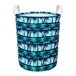 Blue Hibiscus Palm Tree Pattern Print Round Laundry Basket