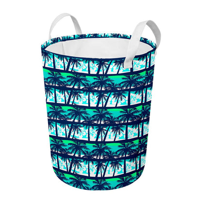 Blue Hibiscus Palm Tree Pattern Print Round Laundry Basket