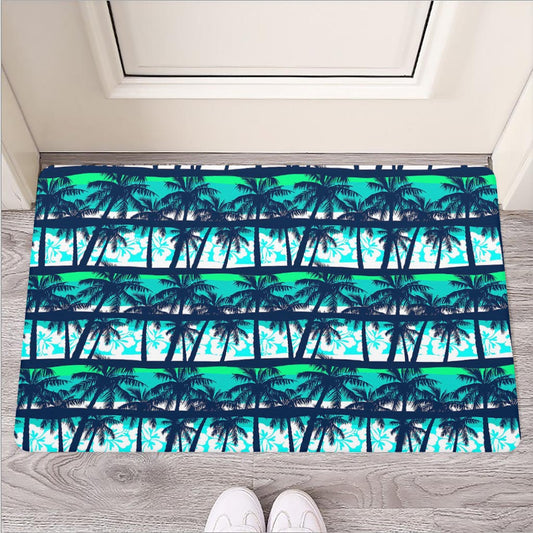 Blue Hibiscus Palm Tree Pattern Print Rubber Doormat