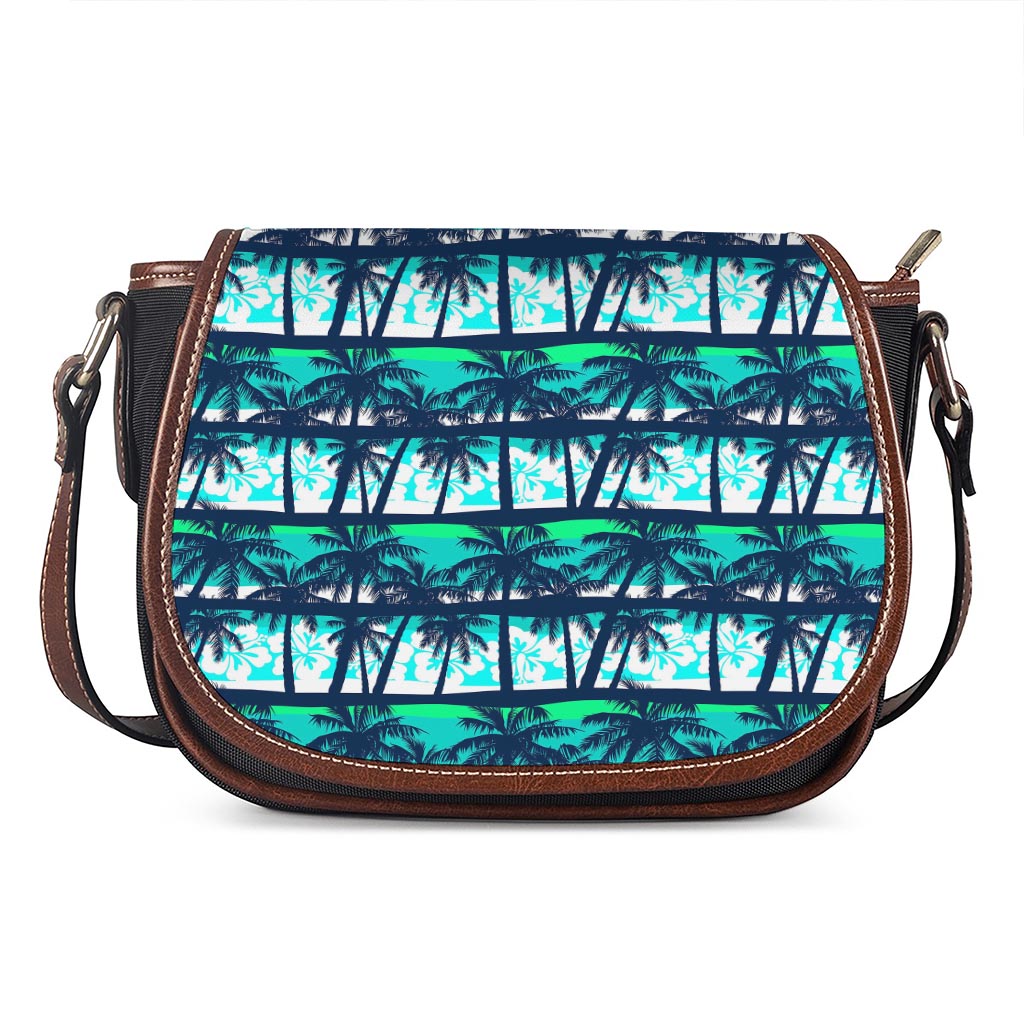 Blue Hibiscus Palm Tree Pattern Print Saddle Bag
