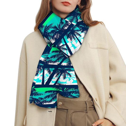 Blue Hibiscus Palm Tree Pattern Print Scarf
