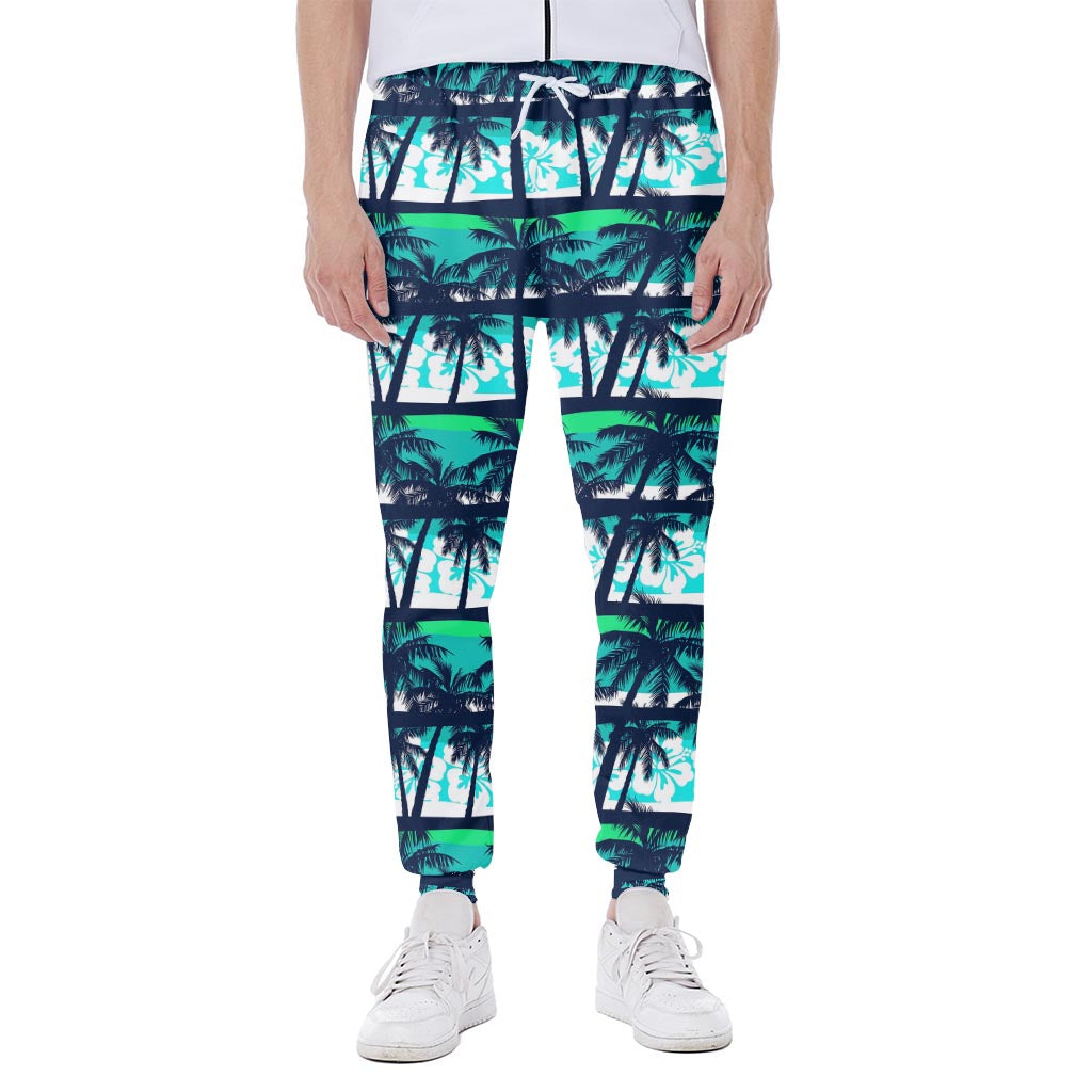 Blue Hibiscus Palm Tree Pattern Print Scuba Joggers