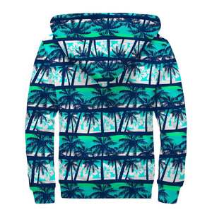 Blue Hibiscus Palm Tree Pattern Print Sherpa Lined Zip Up Hoodie