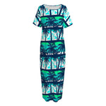 Blue Hibiscus Palm Tree Pattern Print Short Sleeve Long Nightdress