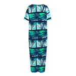 Blue Hibiscus Palm Tree Pattern Print Short Sleeve Long Nightdress