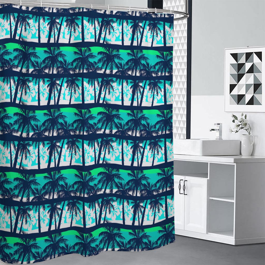 Blue Hibiscus Palm Tree Pattern Print Shower Curtain