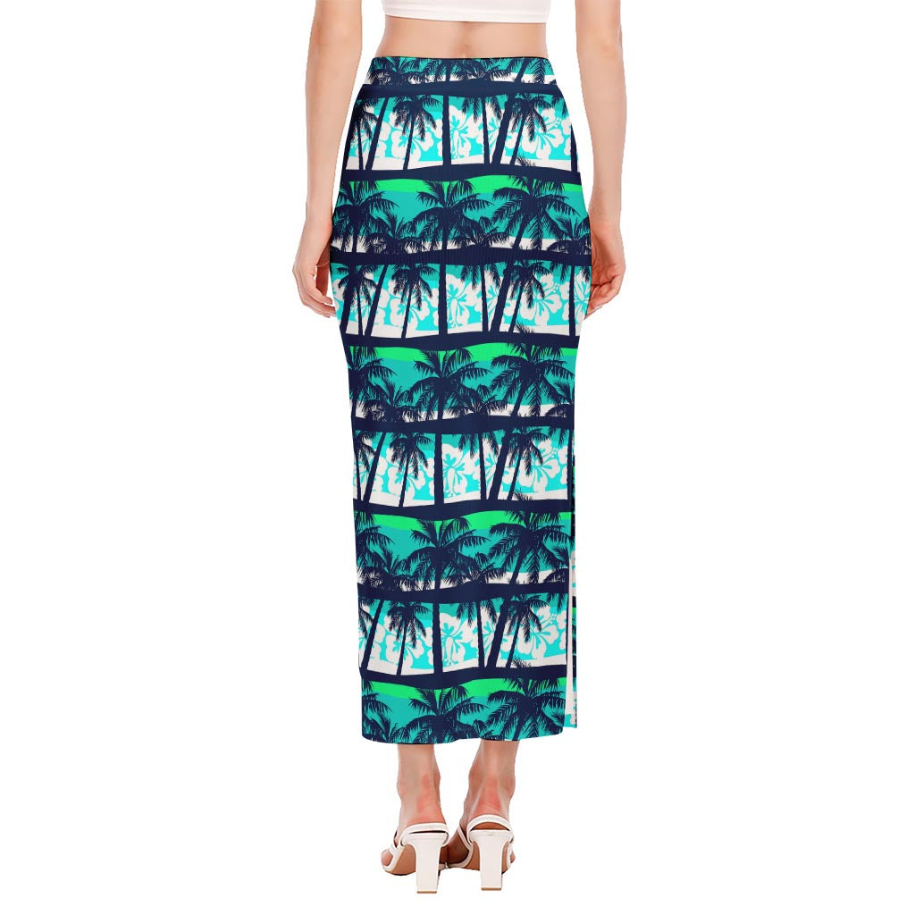 Blue Hibiscus Palm Tree Pattern Print Side Slit Maxi Skirt