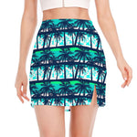 Blue Hibiscus Palm Tree Pattern Print Side Slit Mini Skirt