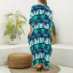Blue Hibiscus Palm Tree Pattern Print Silk V-Neck Kaftan Dress