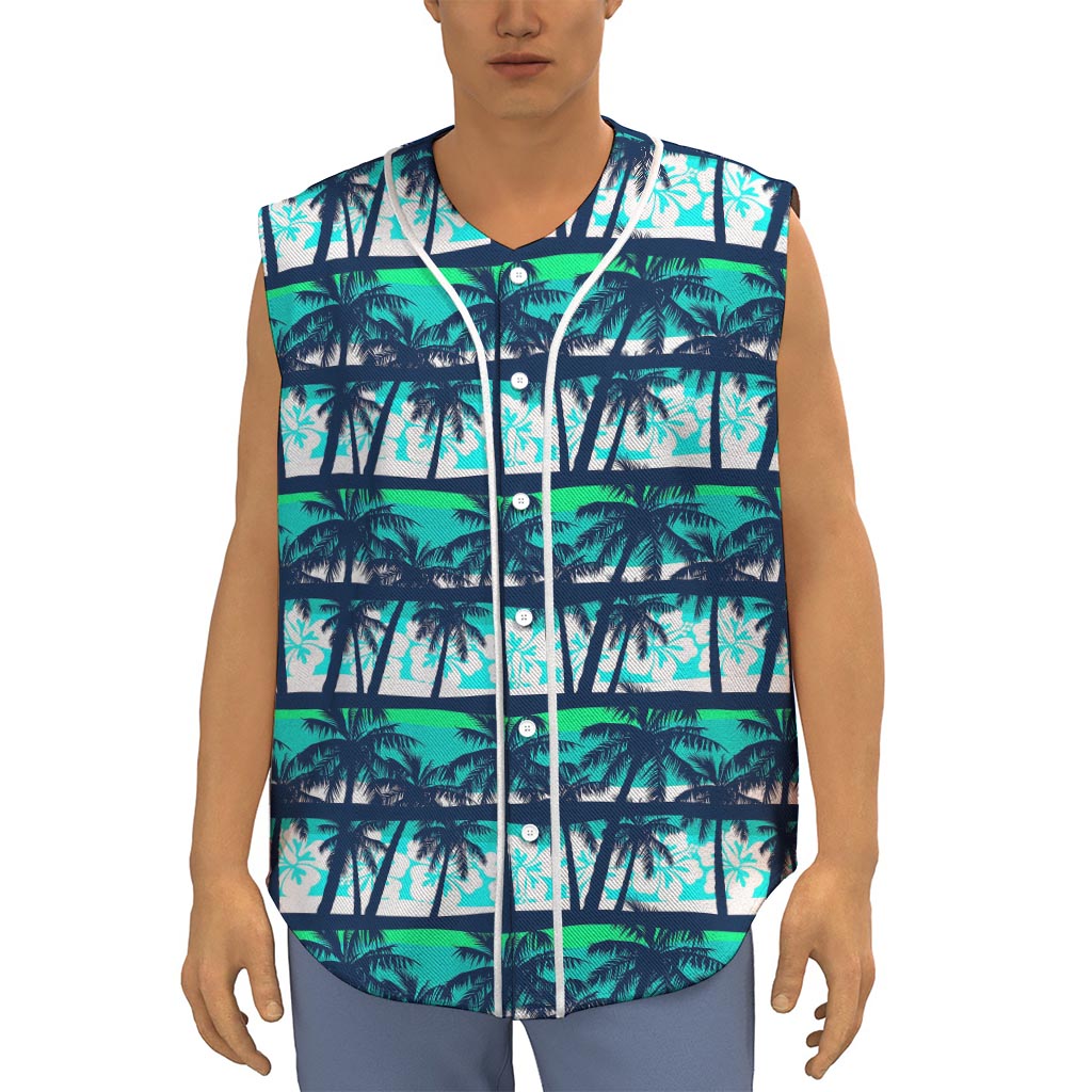 Blue Hibiscus Palm Tree Pattern Print Sleeveless Baseball Jersey