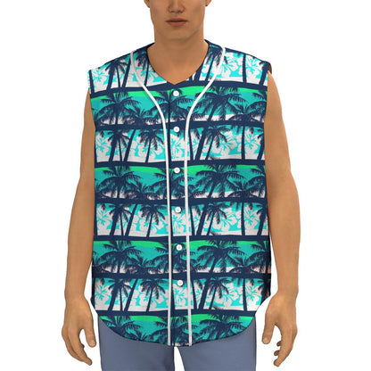 Blue Hibiscus Palm Tree Pattern Print Sleeveless Baseball Jersey