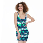 Blue Hibiscus Palm Tree Pattern Print Sleeveless Bodycon Dress