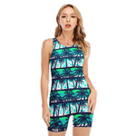 Blue Hibiscus Palm Tree Pattern Print Sleeveless One Piece Swimsuit