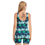 Blue Hibiscus Palm Tree Pattern Print Sleeveless One Piece Swimsuit