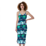 Blue Hibiscus Palm Tree Pattern Print Slim Fit Midi Cami Dress
